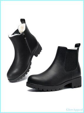 Chelsea Boots Women Fur Lined Chunky Lug Sole Ankle Booties Water-Resistant